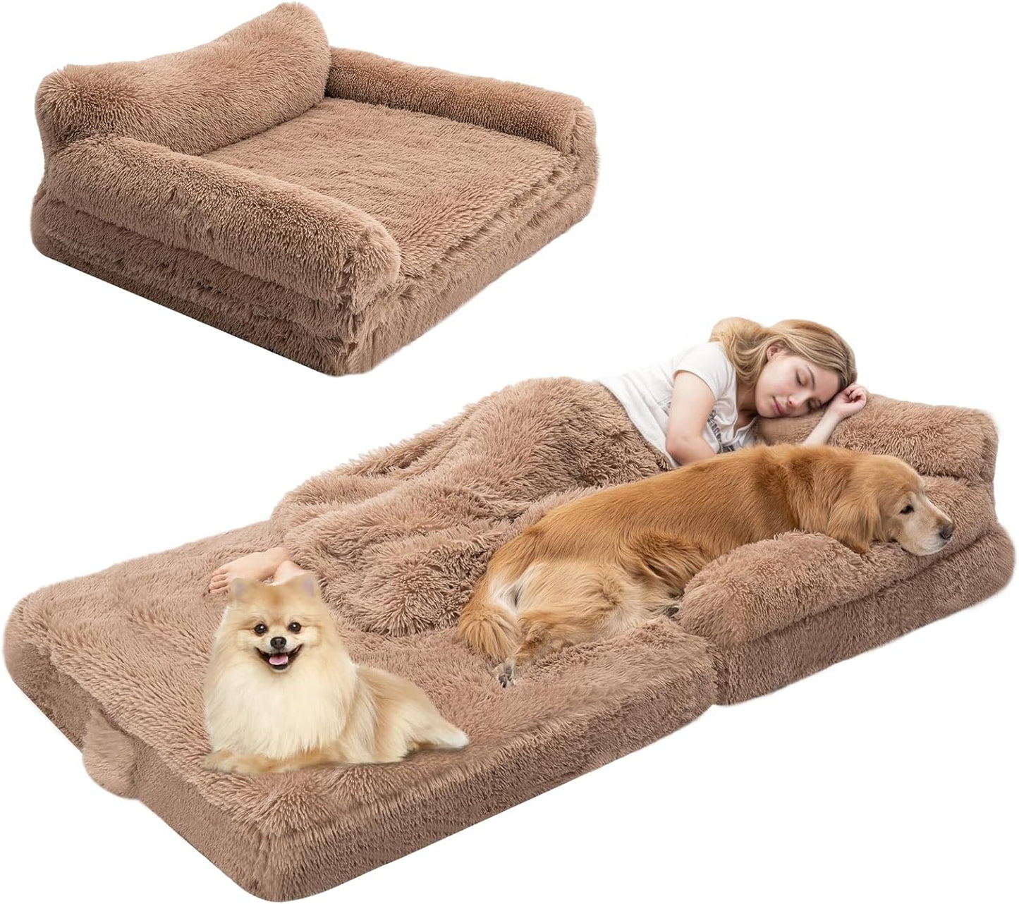 57" Foldable Human Dog Bed for Kids, Fluffy Faux Fur, Orthopedic Washable Dog Bed with Memory Foam and Water Repellent Liner Thick for Pet Installation Free