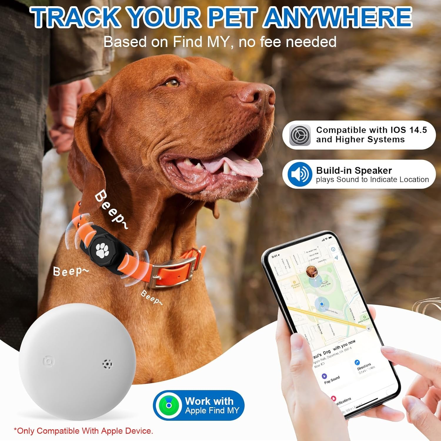 Smart Pet Tracker for Collar - Dog Trackers Pet Location Tracker with Holder, No Monthly Fee, Compatible with Apple Airtag Find My (Ios Only), Anti-Lost Tracking Device for Pets, Luggage, Bag Straps