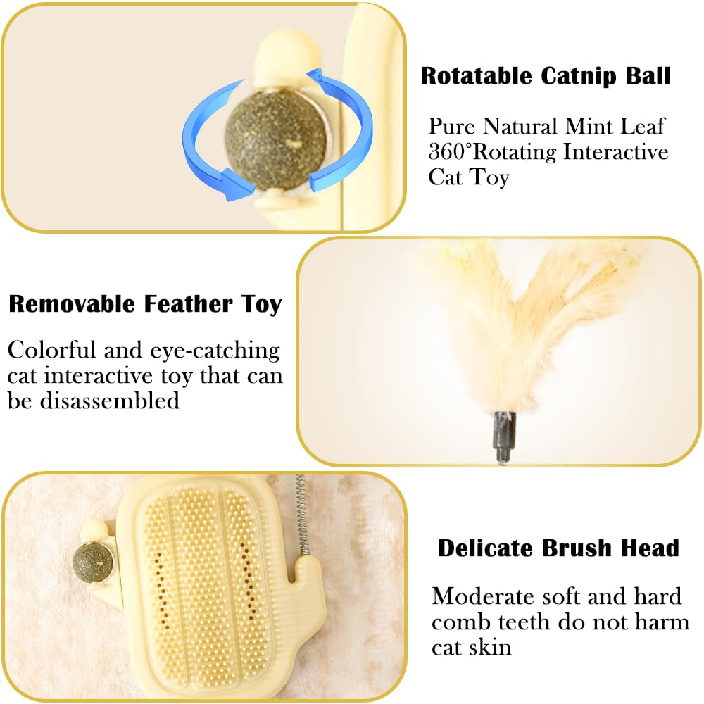 3-In-1 Cat Self Groomer Brush – Wall Corner Cat Scratch Pad with Catnip Ball & Feather Toy, Cactus-Style Wall Brush for Indoor Cats, Cats Massager & Face Scratchers for Fur Pets