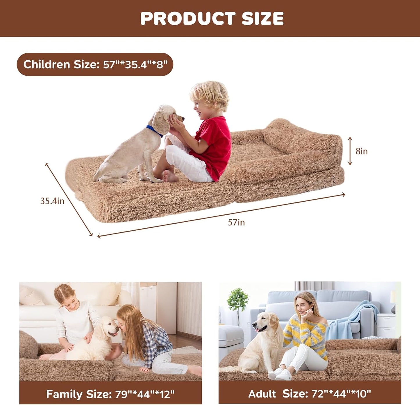57" Foldable Human Dog Bed for Kids, Fluffy Faux Fur, Orthopedic Washable Dog Bed with Memory Foam and Water Repellent Liner Thick for Pet Installation Free