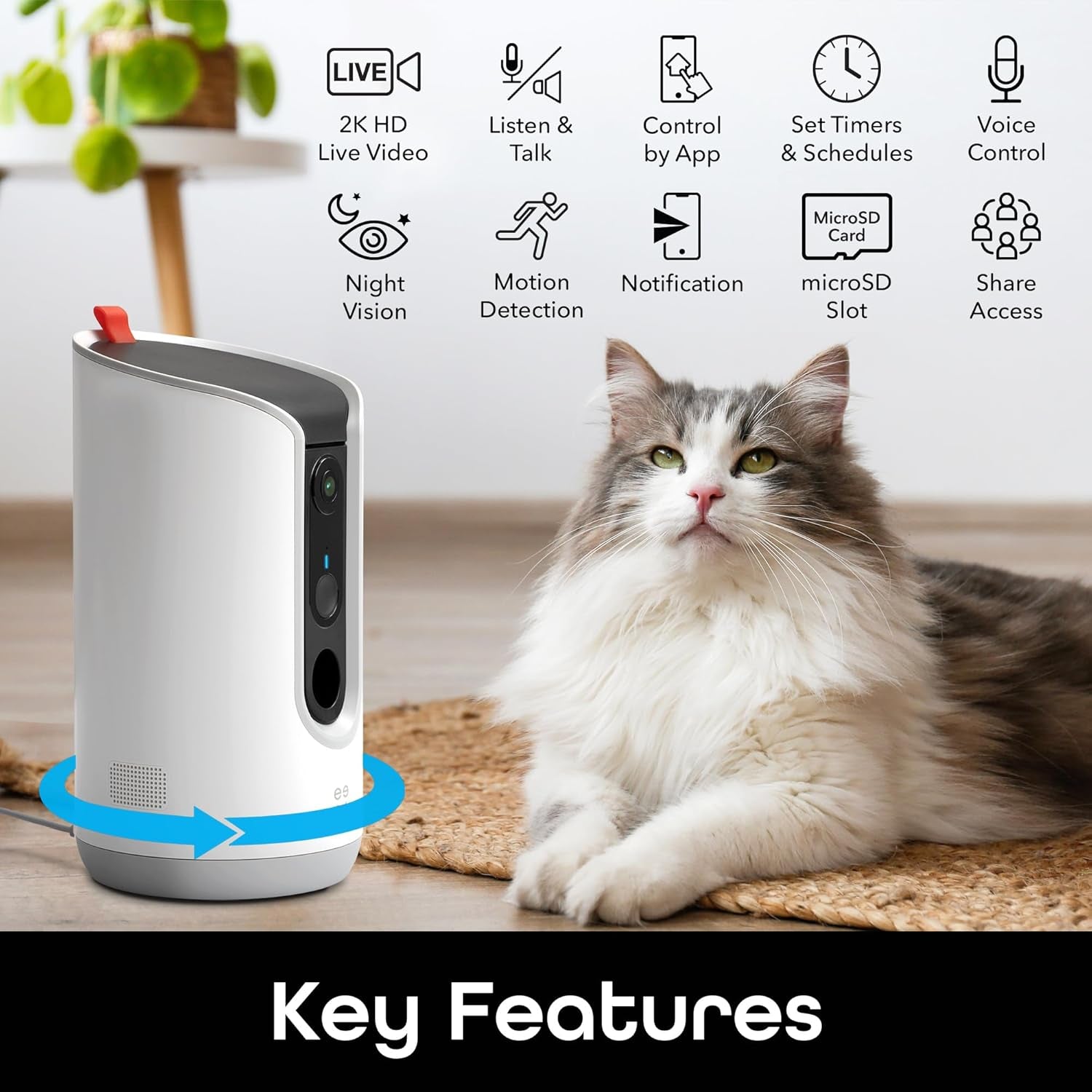 Pet Treat Dispenser with Camera - 2K HD Wifi Enabled, Dog and Cat Automatic Smart Feeder, Two-Way Audio, Night Vision, Auto-Follow, Remote Access with App, Alexa and Google Compatible, White