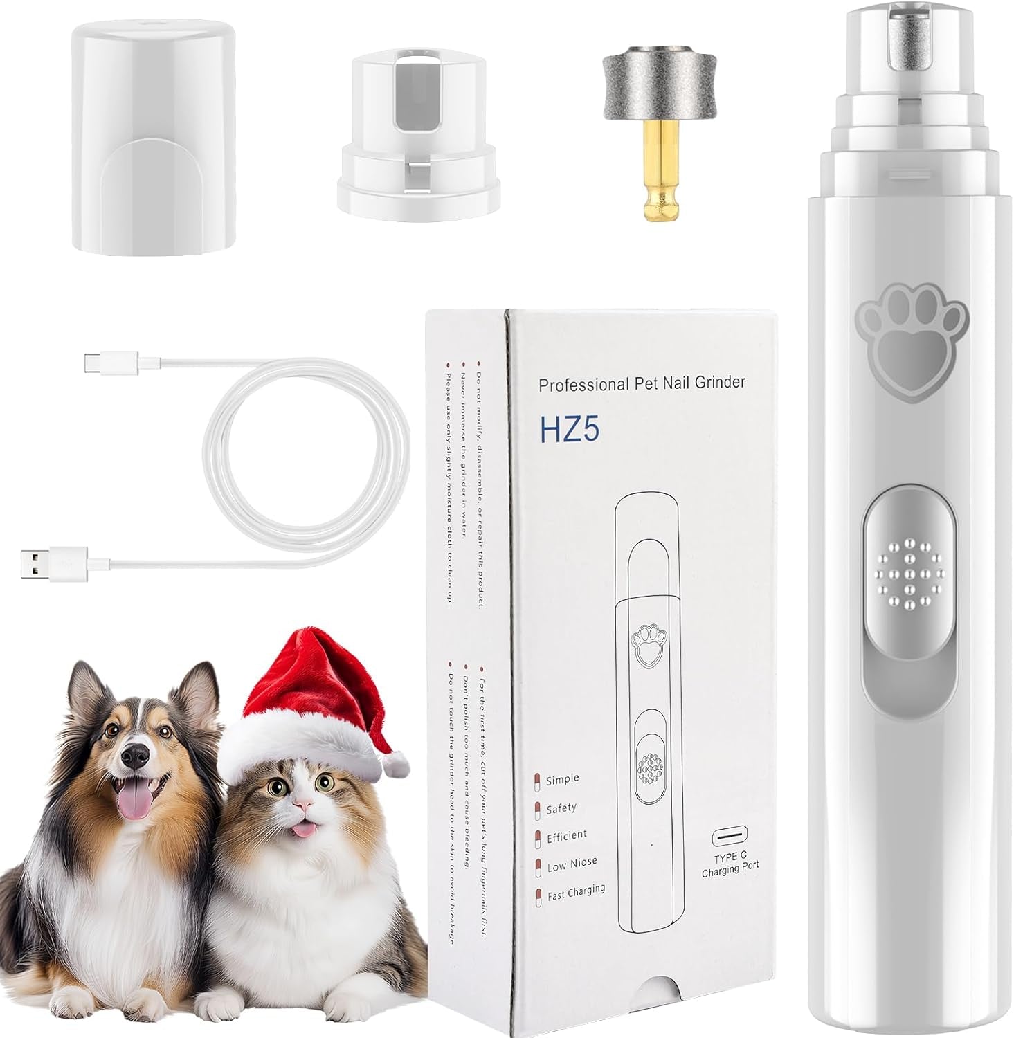 Dog Nail Grinder, 2-Speed Rechargeable Dog Nail Trimmers for Large Medium & Small Dogs, Upgrade Professional Electric Pet Paws Nail Grinder, Quiet Puppy Grooming Tool Cat Dog Nail Dremel White