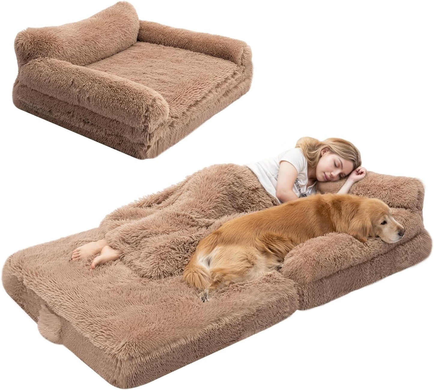 57" Foldable Human Dog Bed for Kids, Fluffy Faux Fur, Orthopedic Washable Dog Bed with Memory Foam and Water Repellent Liner Thick for Pet Installation Free