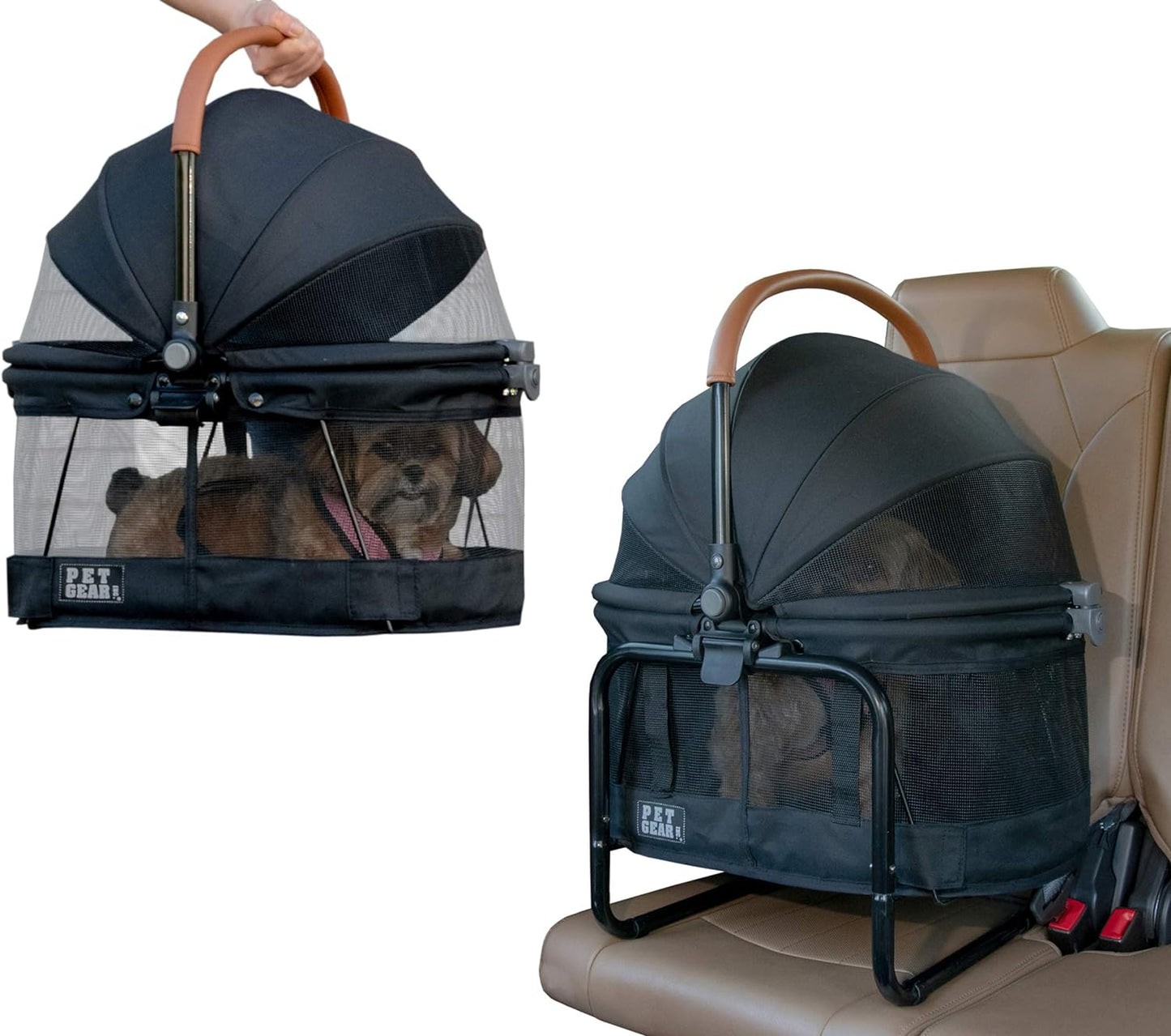No-Zip View 360 Pet Carrier & Car Seat with Booster Seat Frame for Small Dogs & Cats, Mesh Ventilation, Push Button Entry, No Tools Required, Onyx