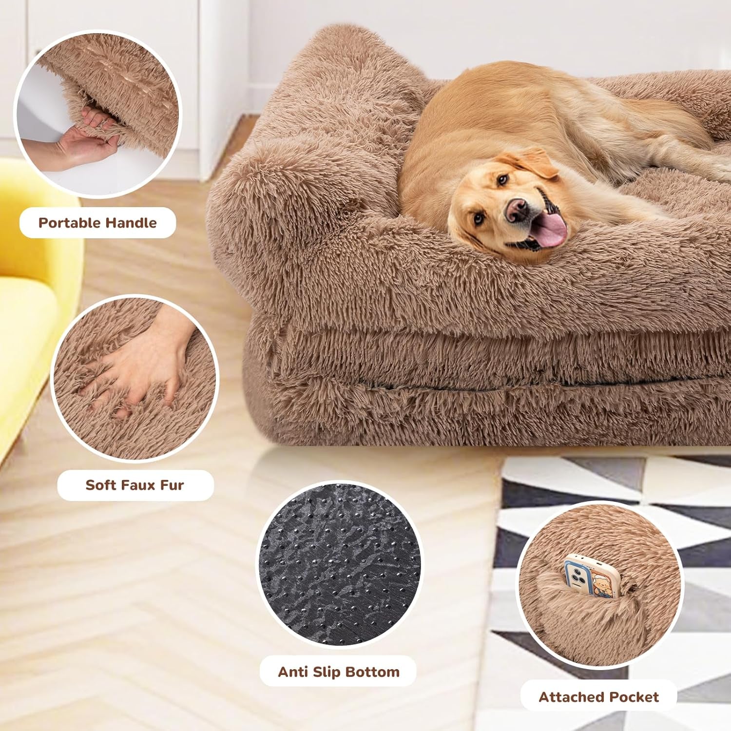 57" Foldable Human Dog Bed for Kids, Fluffy Faux Fur, Orthopedic Washable Dog Bed with Memory Foam and Water Repellent Liner Thick for Pet Installation Free