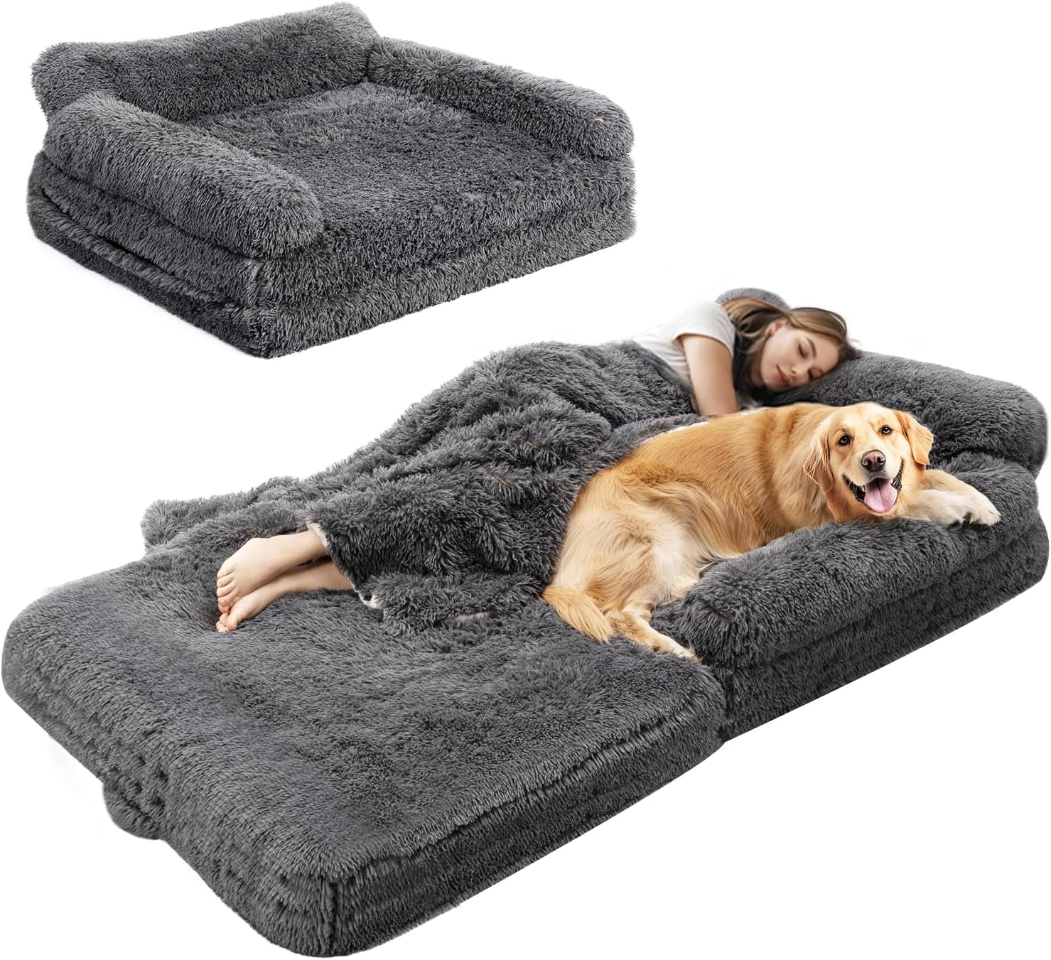 57" Foldable Human Dog Bed for Kids, Fluffy Faux Fur, Orthopedic Washable Dog Bed with Memory Foam and Water Repellent Liner Thick for Pet Installation Free