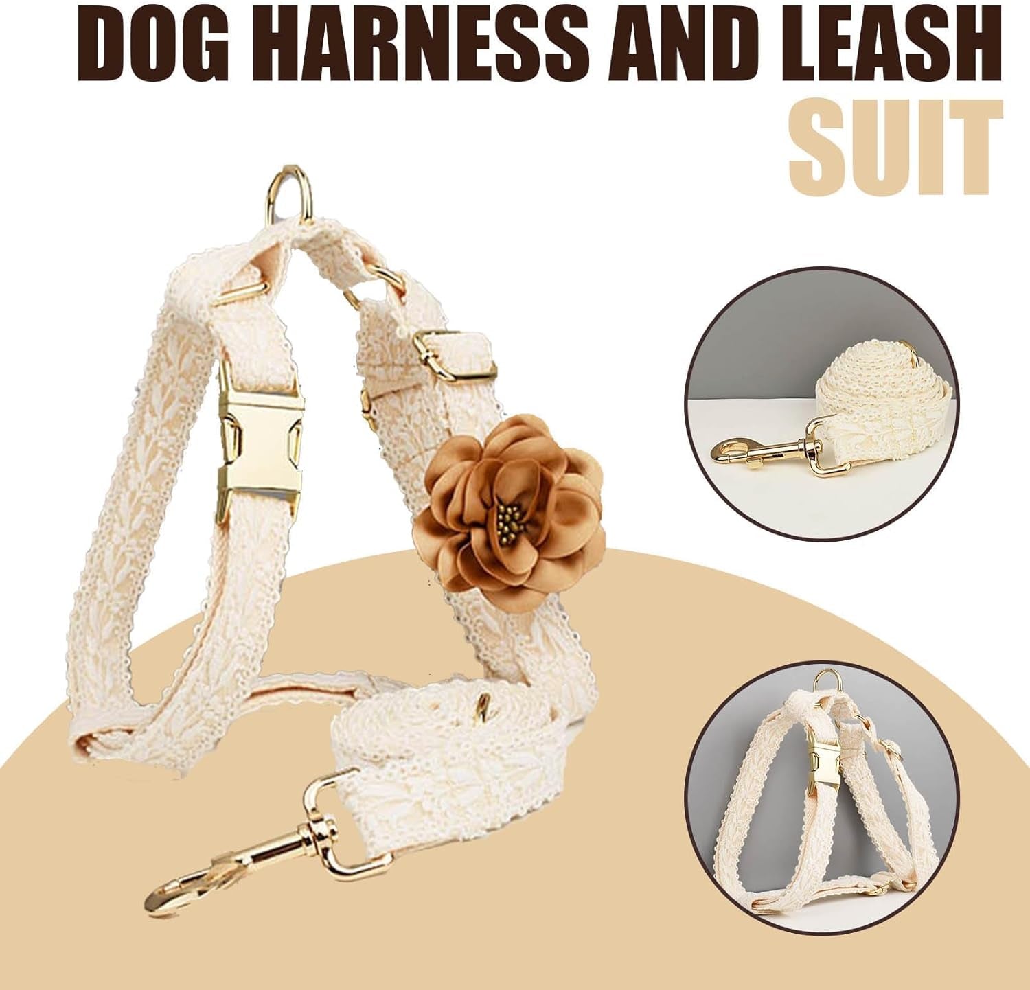 White Dog Harness and Leash Set Adjustable Lace Harness for Girl Dogs Luxury Dog Harness No Pull with Handle & Bow Flowers for Easy Dog Walking,S
