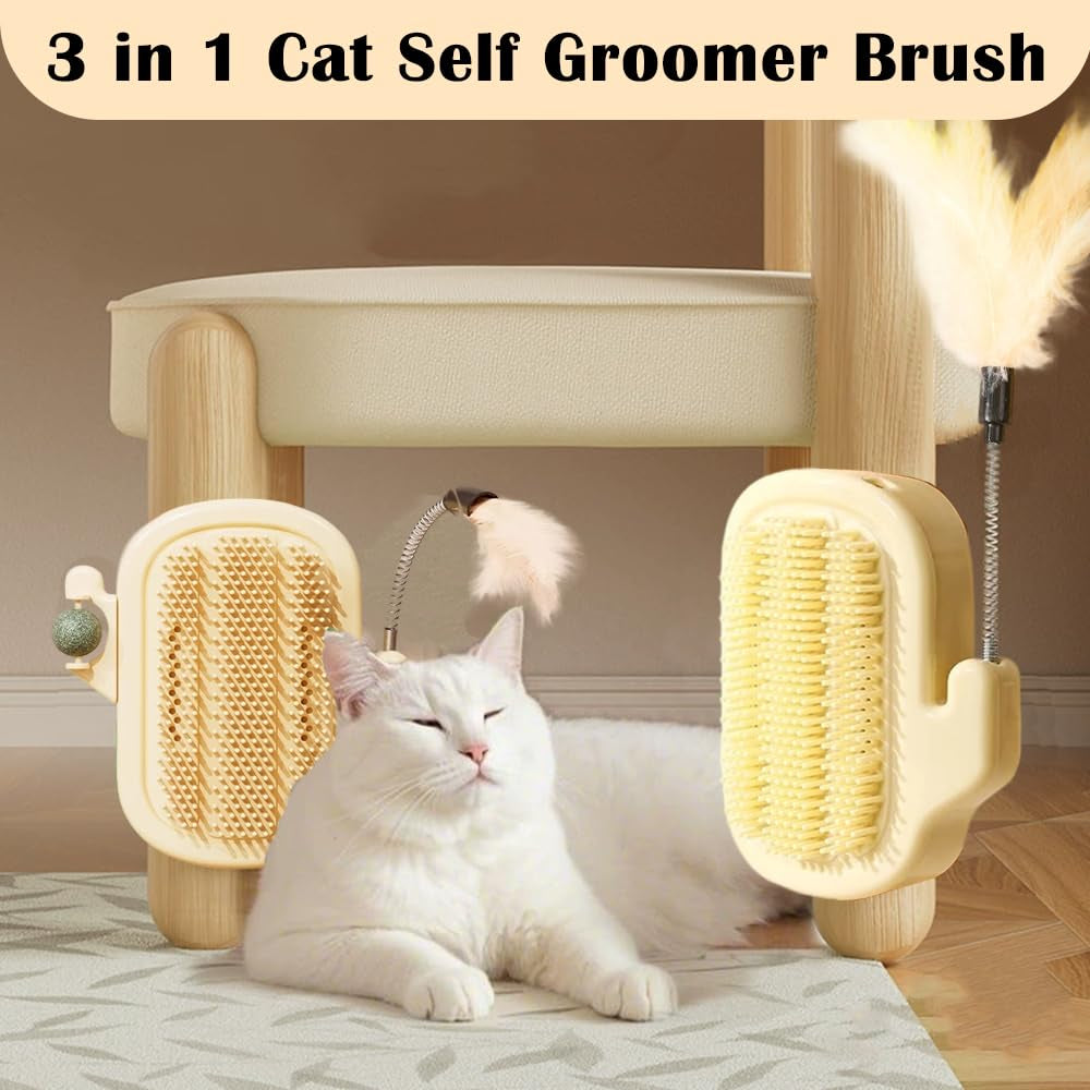 3-In-1 Cat Self Groomer Brush – Wall Corner Cat Scratch Pad with Catnip Ball & Feather Toy, Cactus-Style Wall Brush for Indoor Cats, Cats Massager & Face Scratchers for Fur Pets