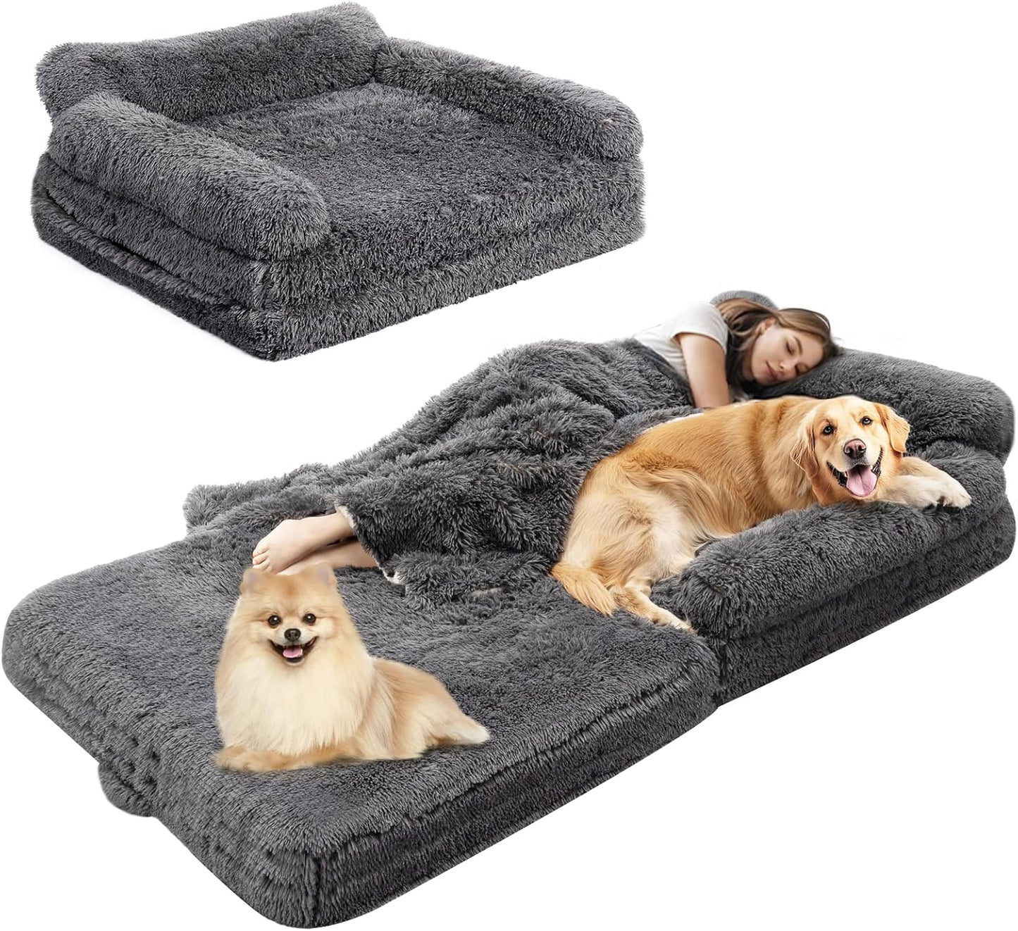 57" Foldable Human Dog Bed for Kids, Fluffy Faux Fur, Orthopedic Washable Dog Bed with Memory Foam and Water Repellent Liner Thick for Pet Installation Free