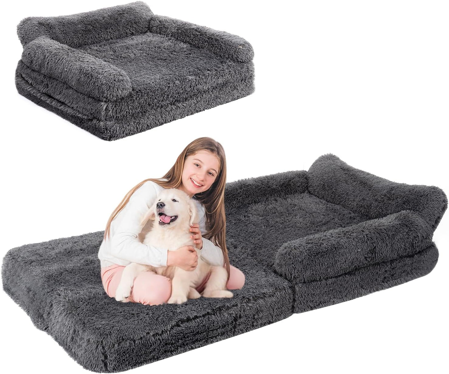 57" Foldable Human Dog Bed for Kids, Fluffy Faux Fur, Orthopedic Washable Dog Bed with Memory Foam and Water Repellent Liner Thick for Pet Installation Free