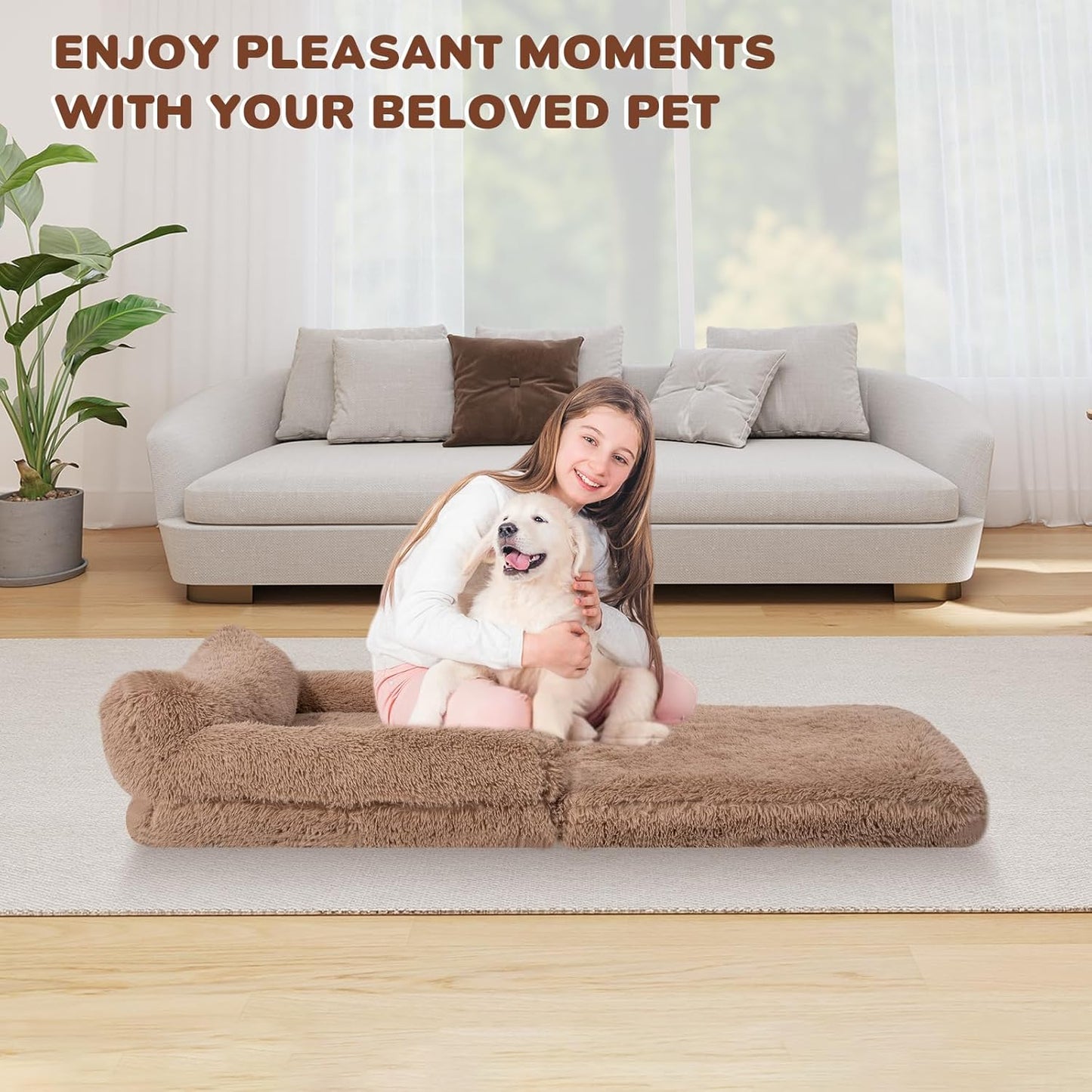 57" Foldable Human Dog Bed for Kids, Fluffy Faux Fur, Orthopedic Washable Dog Bed with Memory Foam and Water Repellent Liner Thick for Pet Installation Free