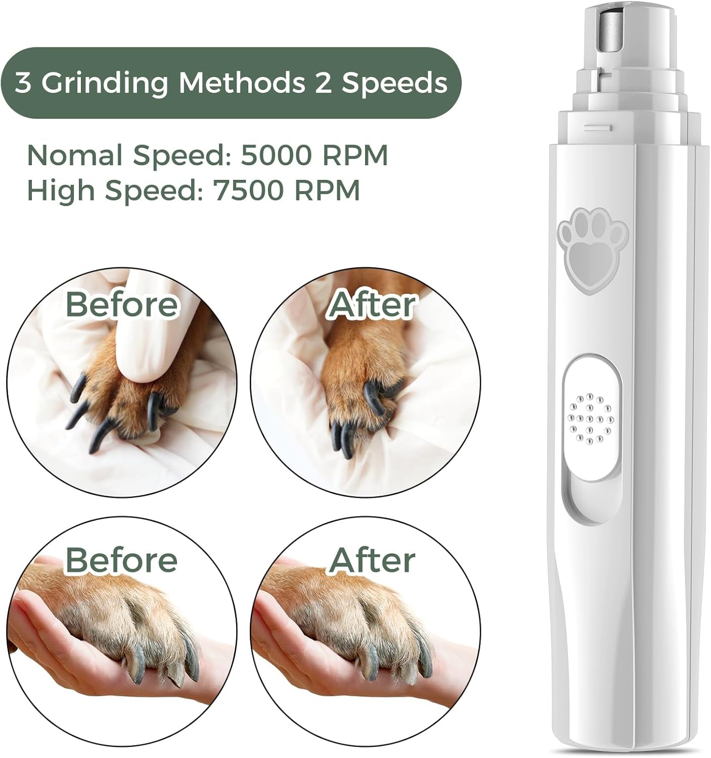 Dog Nail Grinder, 2-Speed Rechargeable Dog Nail Trimmers for Large Medium & Small Dogs, Upgrade Professional Electric Pet Paws Nail Grinder, Quiet Puppy Grooming Tool Cat Dog Nail Dremel White
