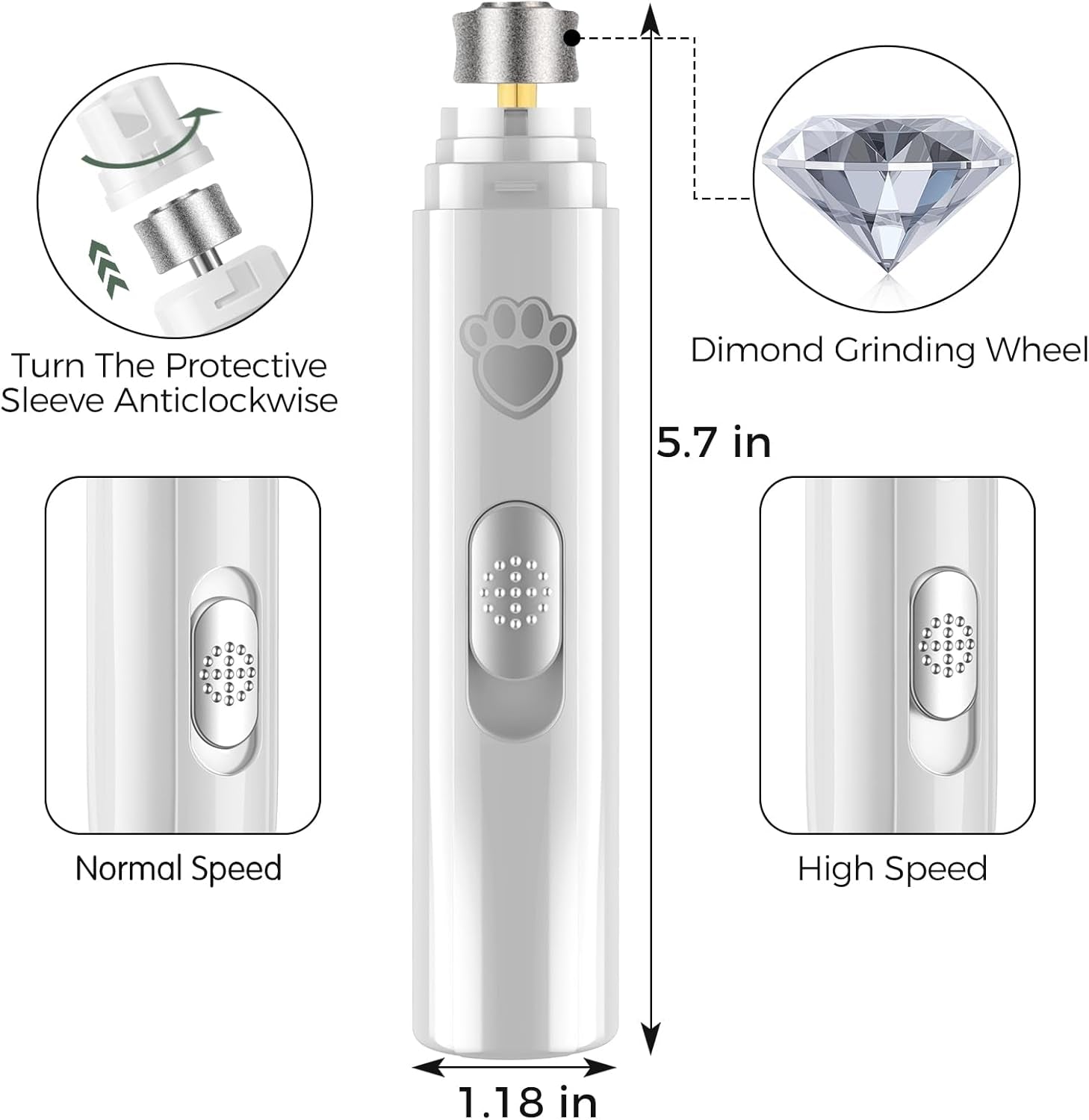 Dog Nail Grinder, 2-Speed Rechargeable Dog Nail Trimmers for Large Medium & Small Dogs, Upgrade Professional Electric Pet Paws Nail Grinder, Quiet Puppy Grooming Tool Cat Dog Nail Dremel White