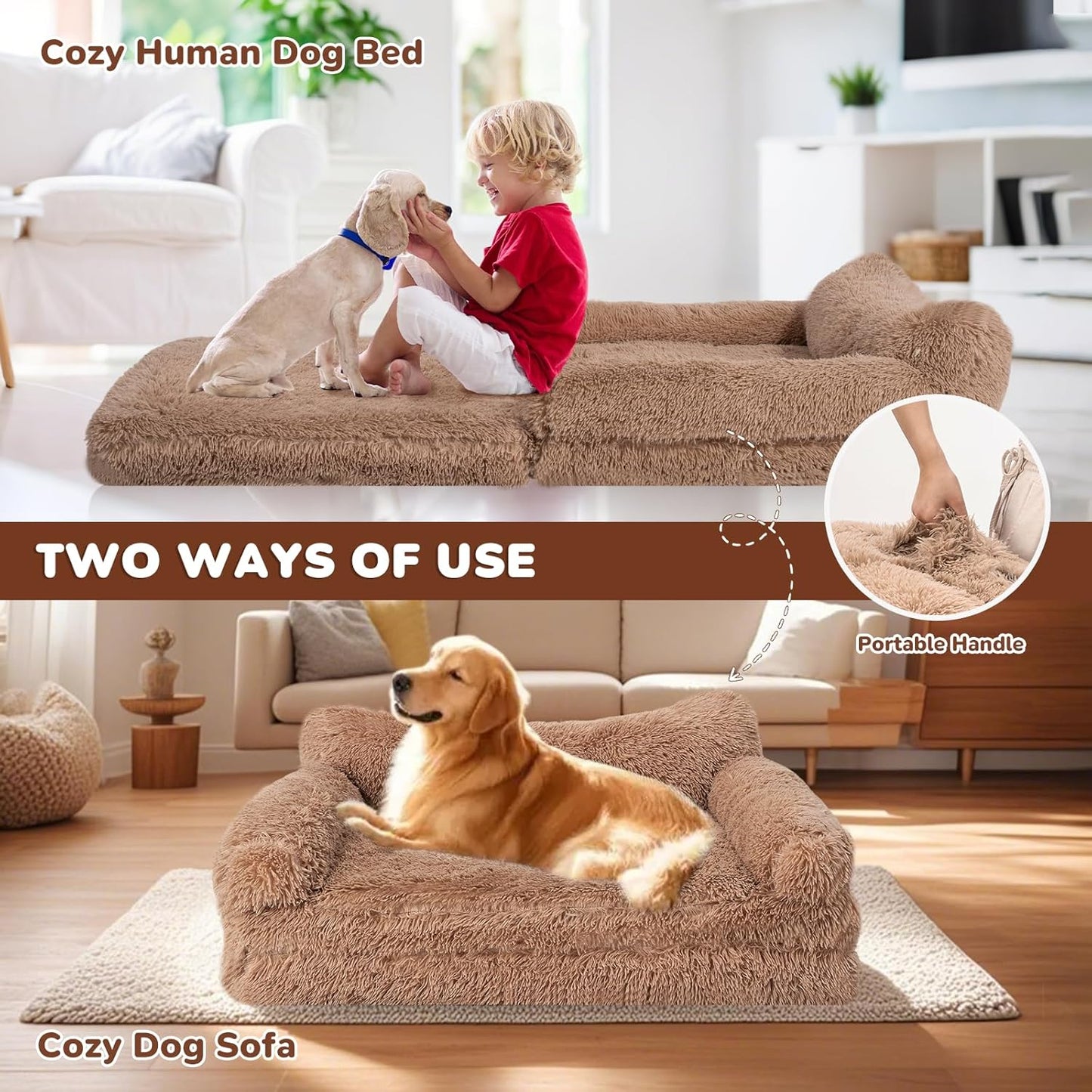 57" Foldable Human Dog Bed for Kids, Fluffy Faux Fur, Orthopedic Washable Dog Bed with Memory Foam and Water Repellent Liner Thick for Pet Installation Free