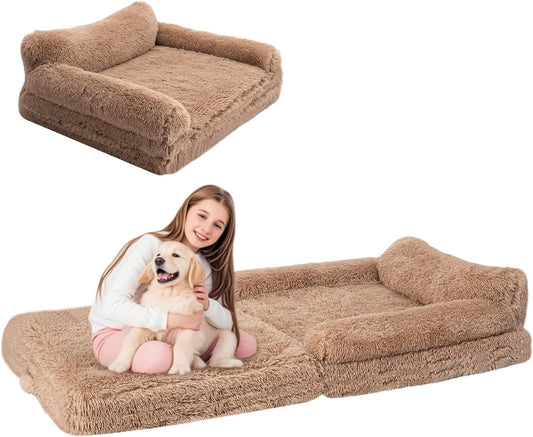 57" Foldable Human Dog Bed for Kids, Fluffy Faux Fur, Orthopedic Washable Dog Bed with Memory Foam and Water Repellent Liner Thick for Pet Installation Free