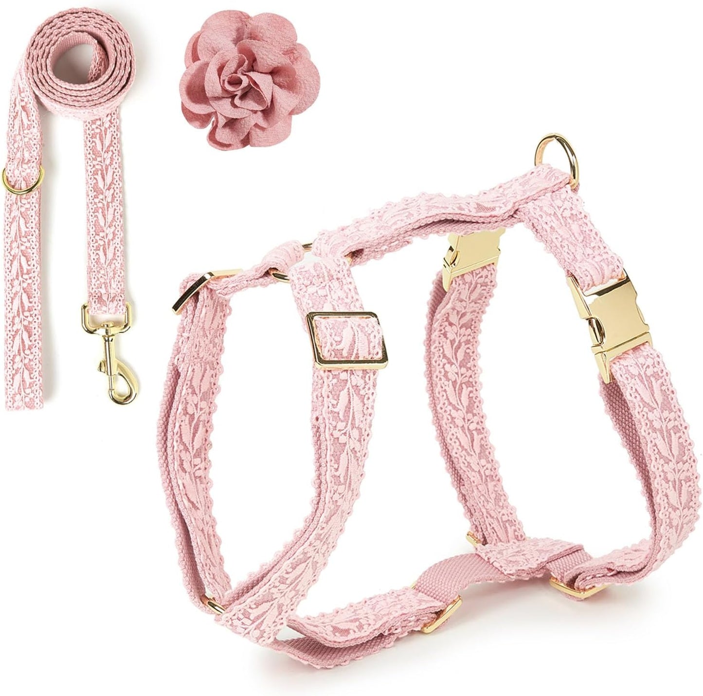 White Dog Harness and Leash Set Adjustable Lace Harness for Girl Dogs Luxury Dog Harness No Pull with Handle & Bow Flowers for Easy Dog Walking,S