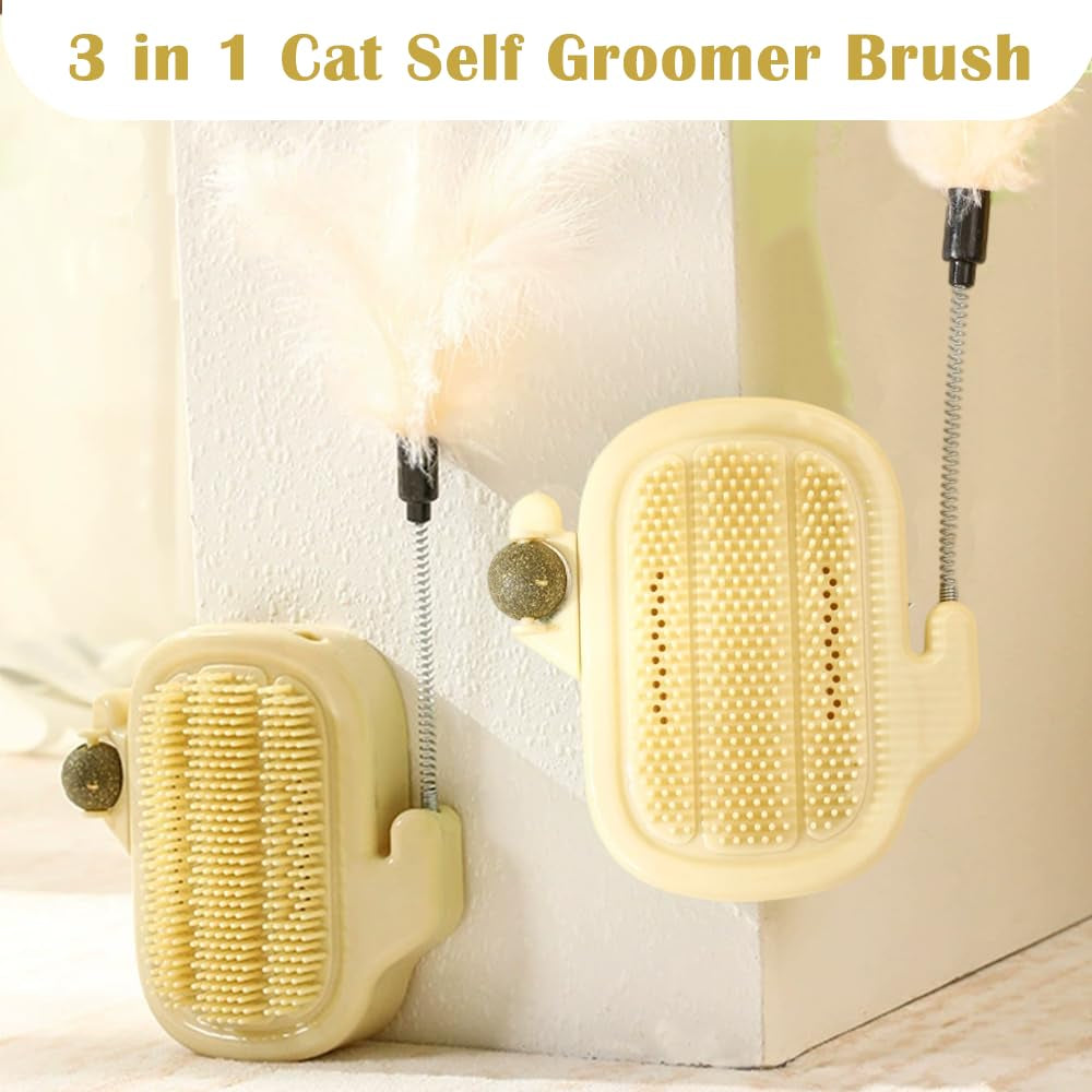 3-In-1 Cat Self Groomer Brush – Wall Corner Cat Scratch Pad with Catnip Ball & Feather Toy, Cactus-Style Wall Brush for Indoor Cats, Cats Massager & Face Scratchers for Fur Pets