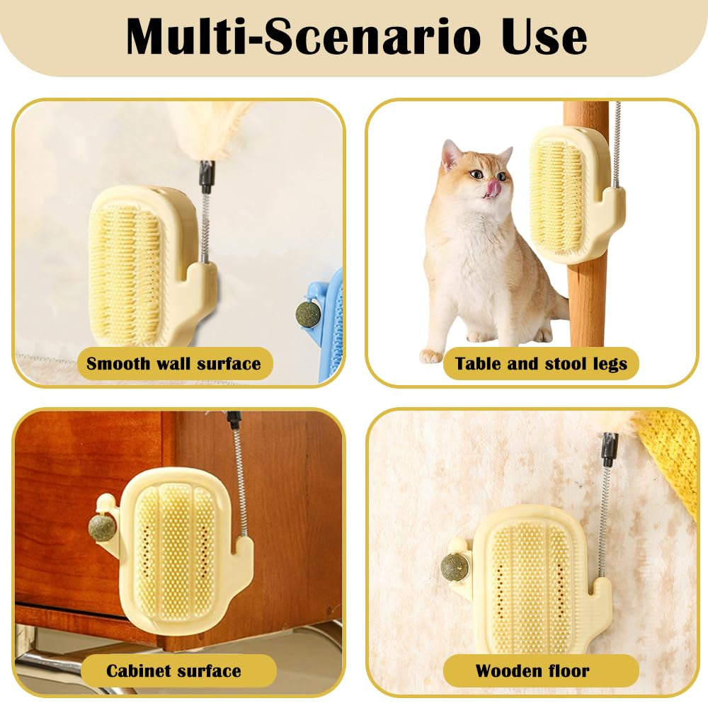 3-In-1 Cat Self Groomer Brush – Wall Corner Cat Scratch Pad with Catnip Ball & Feather Toy, Cactus-Style Wall Brush for Indoor Cats, Cats Massager & Face Scratchers for Fur Pets